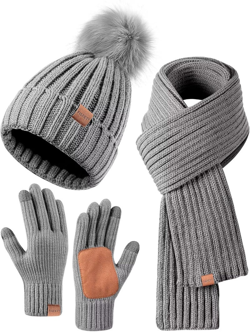 FISFET Winter Beanie Hat Scarf Gloves Set for Women, Womens Beanie with Pom Pom Long Scarf Neck Warmer Touchscreen Gloves 3 in 1 Set - Image 1